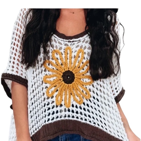 POL Crochet Flower Knit sweater Top medium boxy oversized - Picture 3 of 12